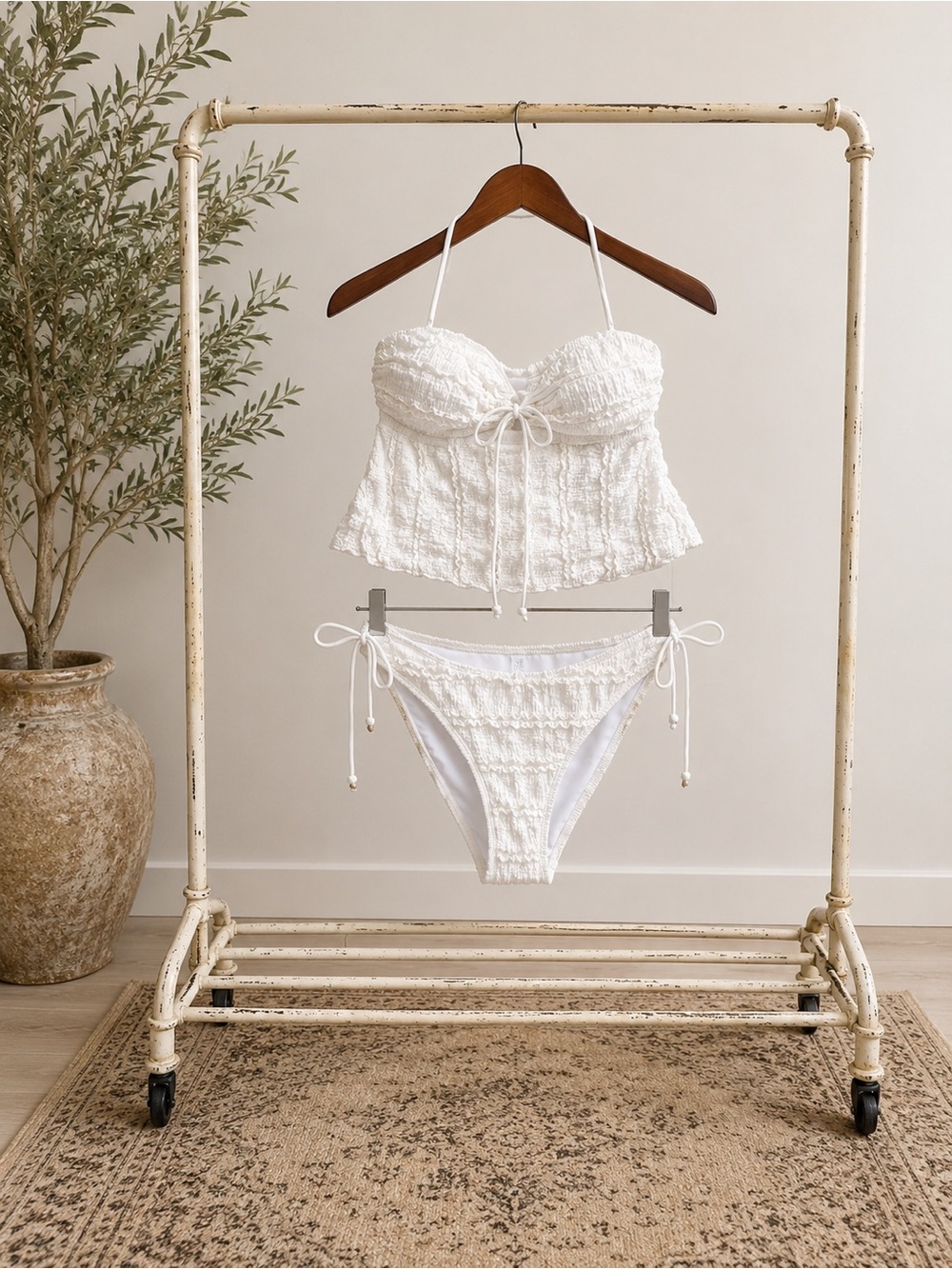White Lace Tie-Front Bustier & Bikini Set